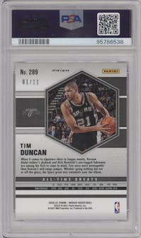 Tim Duncan from the 2020-21 Panini Mosaic set featuring a Pink Swirl parallel graded by PSA and given an overall grade of 10.