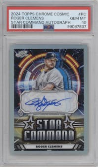 Roger Clemens from the 2024 Topps Cosmic Chrome set graded by PSA and given an overall grade of 10.