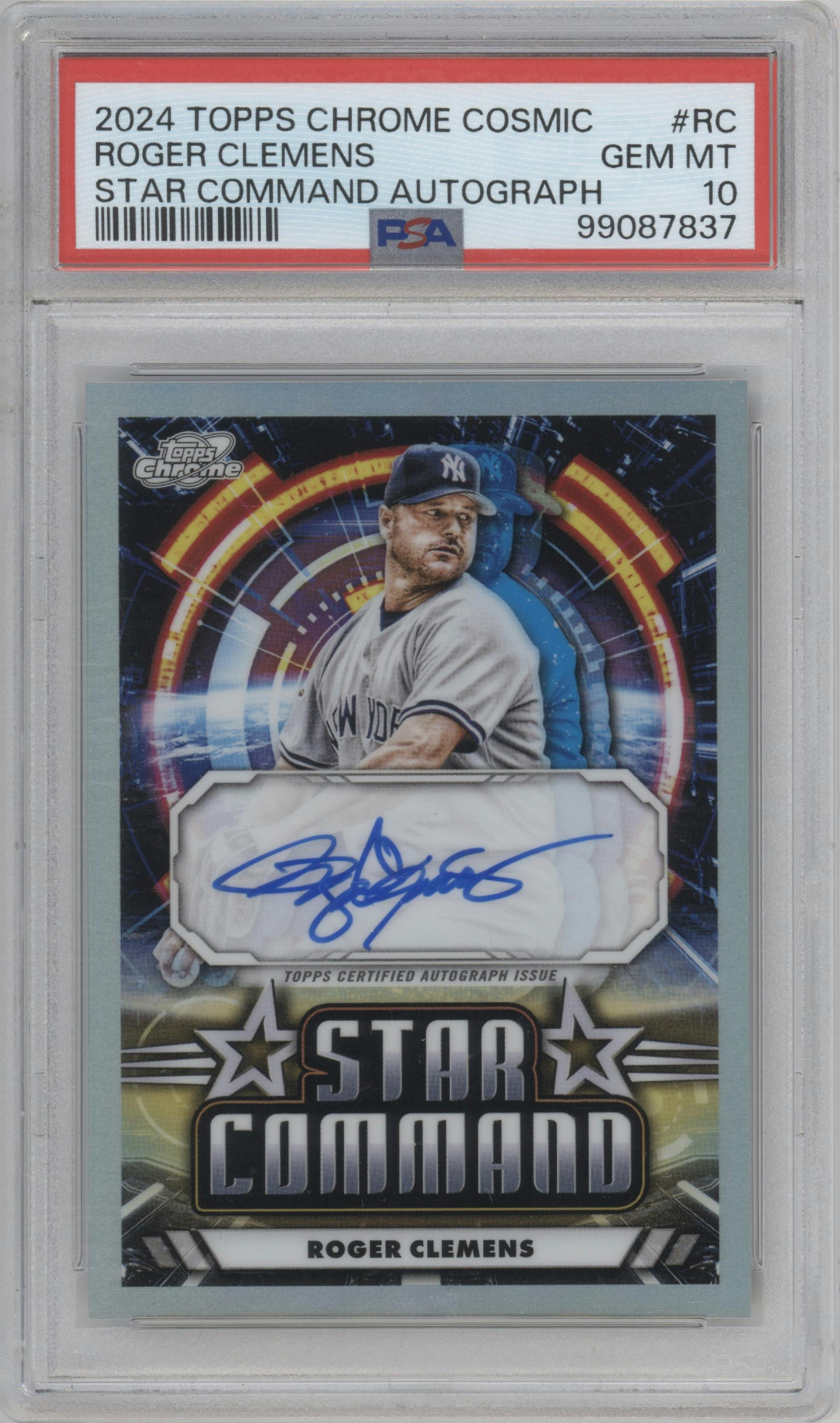 Roger Clemens from the 2024 Topps Cosmic Chrome set graded by PSA and given an overall grade of 10.