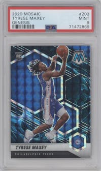 Tyrese Maxey from the 2020-21 Panini Mosaic set featuring a Genesis  parallel graded by PSA and given an overall grade of 9.
