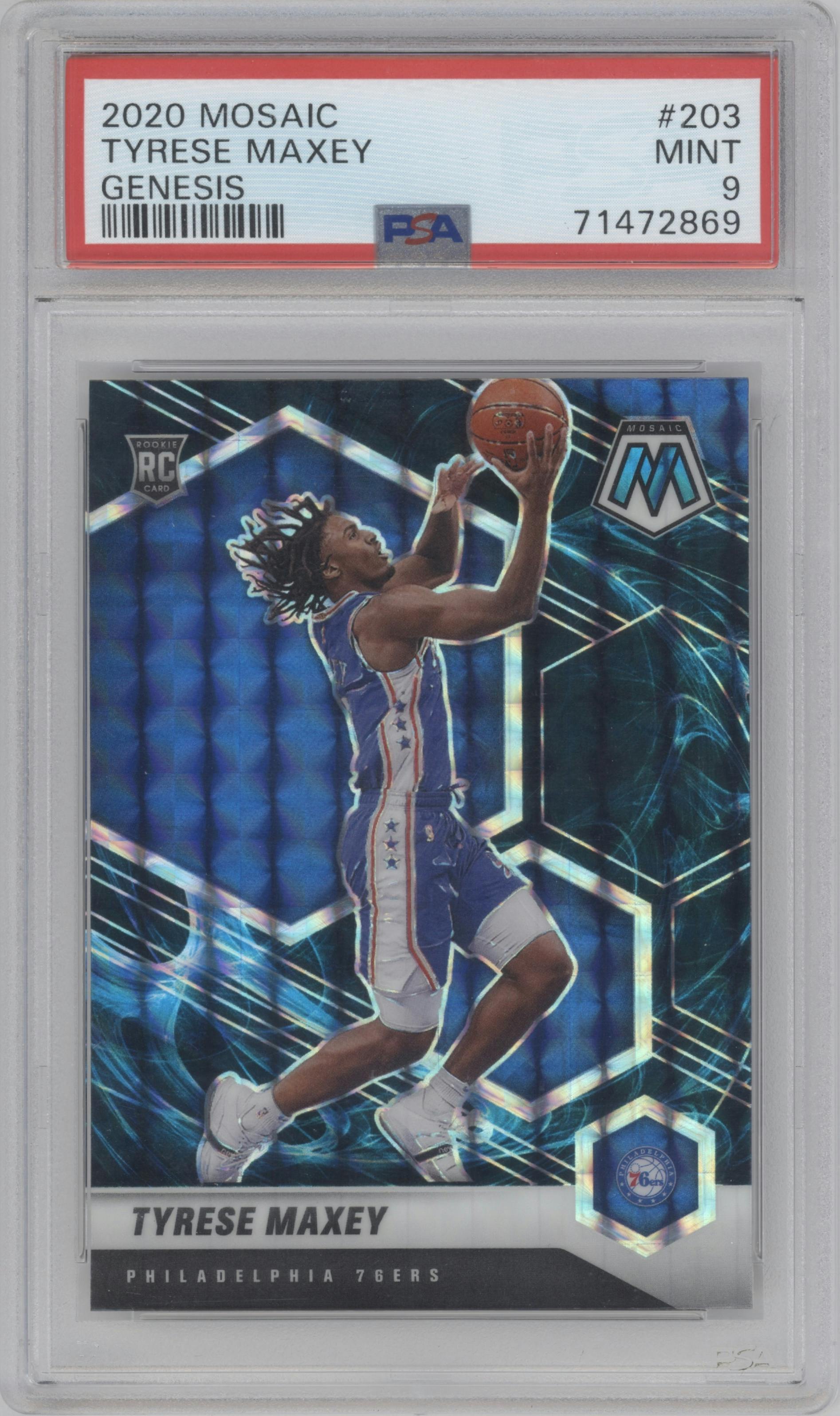 Tyrese Maxey from the 2020-21 Panini Mosaic set featuring a Genesis  parallel graded by PSA and given an overall grade of 9.