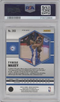 Tyrese Maxey from the 2020-21 Panini Mosaic set featuring a Genesis  parallel graded by PSA and given an overall grade of 9.