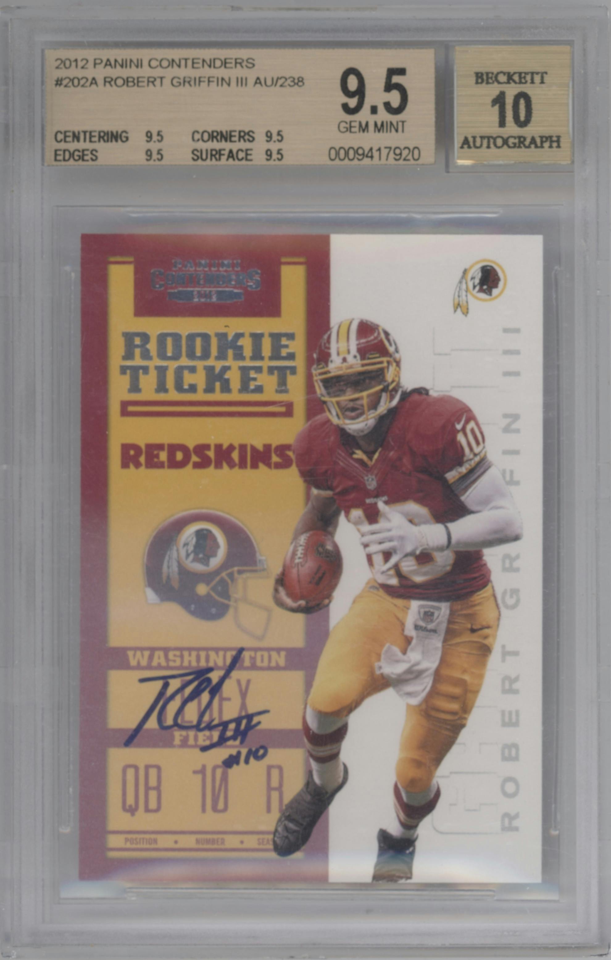 Robert Griffin III from the 2012 Panini Contenders set graded by Beckett and given an overall grade of 9.5.