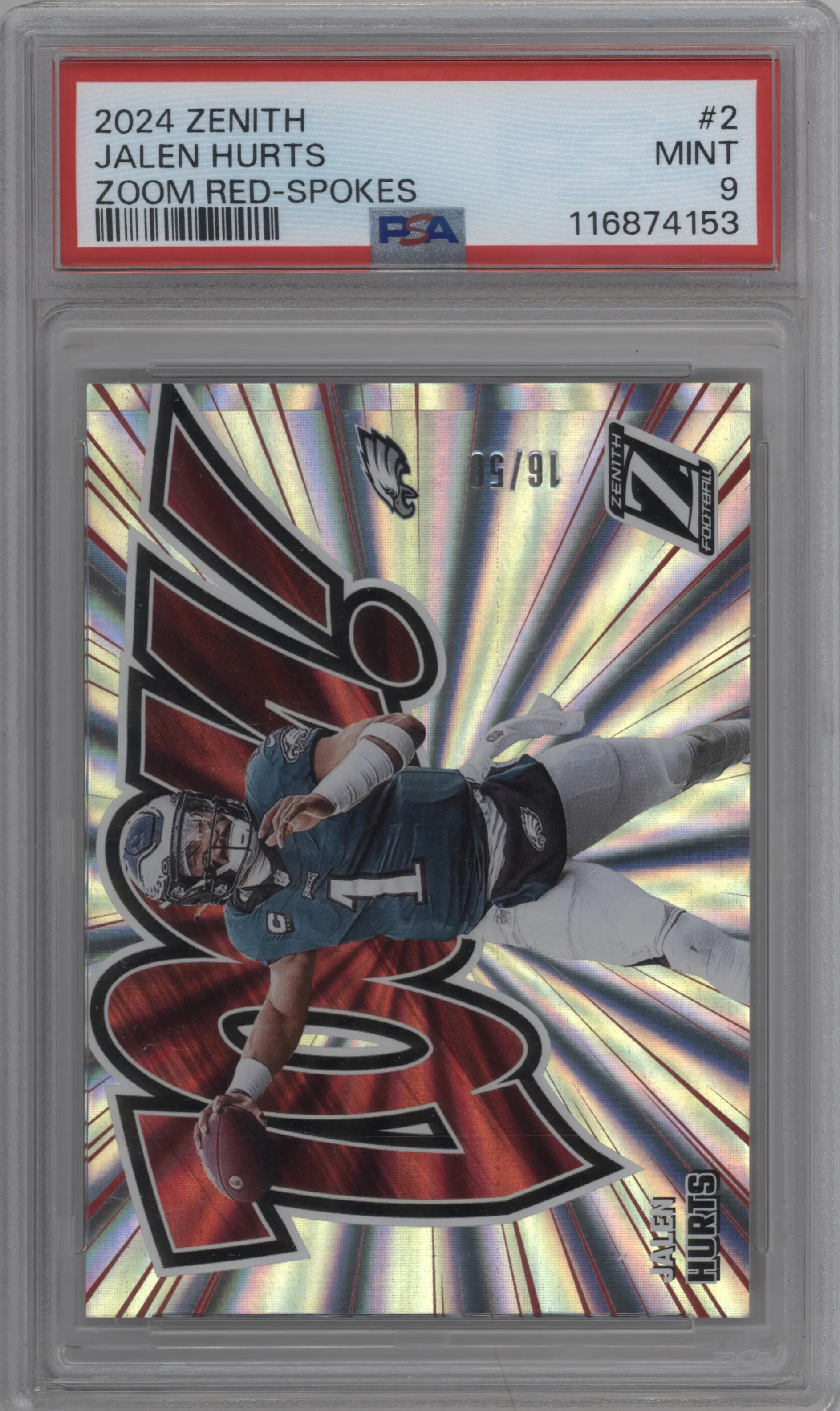 2024 Panini Zenith Zoom! Jalen Hurts Red Spokes #2 PSA 9