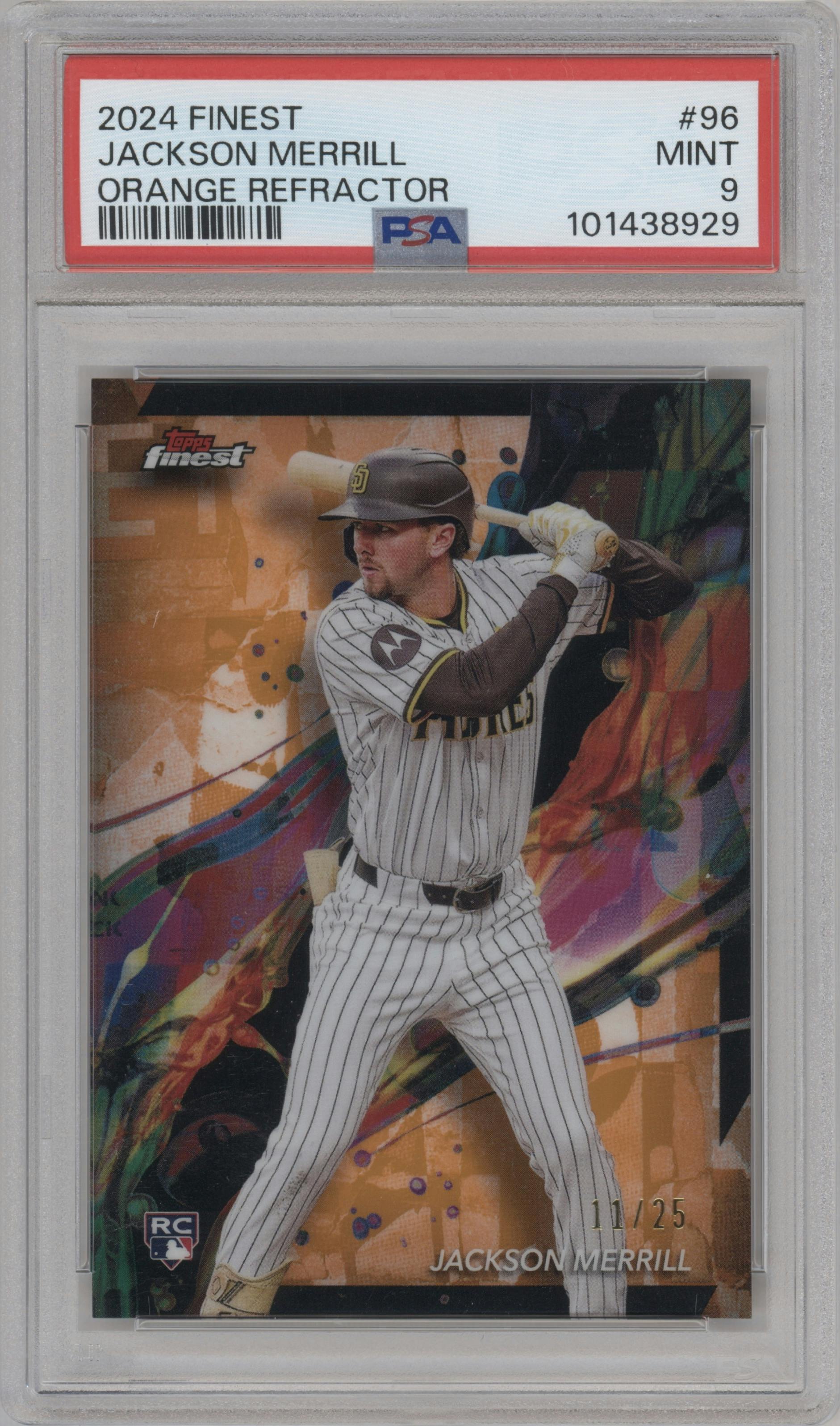 Jackson Merrill from the 2024 Topps Finest set featuring a Orange Refractor parallel graded by PSA and given an overall grade of 9.