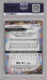 Jackson Merrill from the 2024 Topps Finest set featuring a Orange Refractor parallel graded by PSA and given an overall grade of 9.