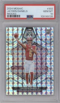 Jayden Daniels from the 2024 Panini Mosaic set featuring a Mosaic parallel graded by PSA and given an overall grade of 10.
