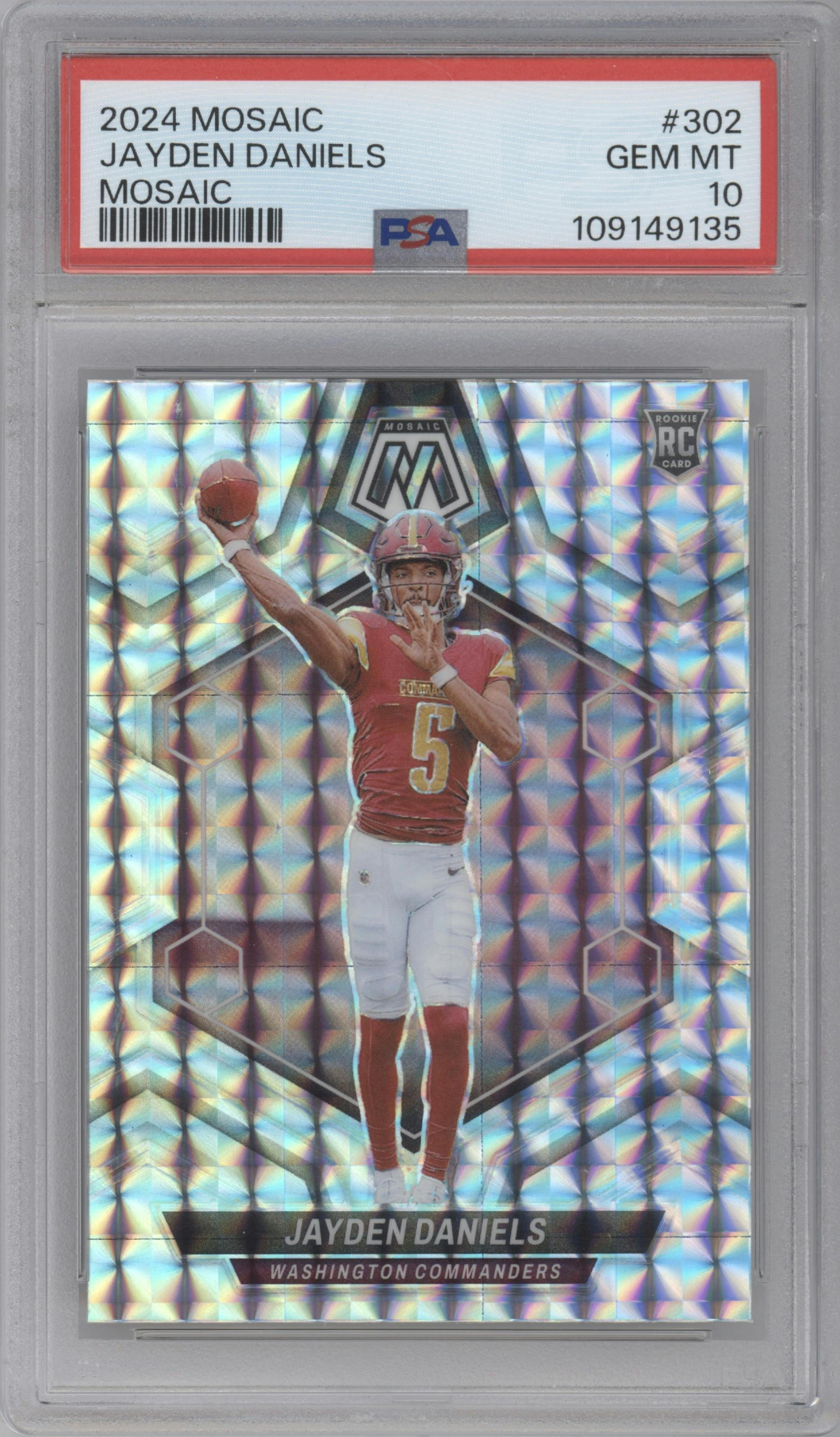 Jayden Daniels from the 2024 Panini Mosaic set featuring a Mosaic parallel graded by PSA and given an overall grade of 10.