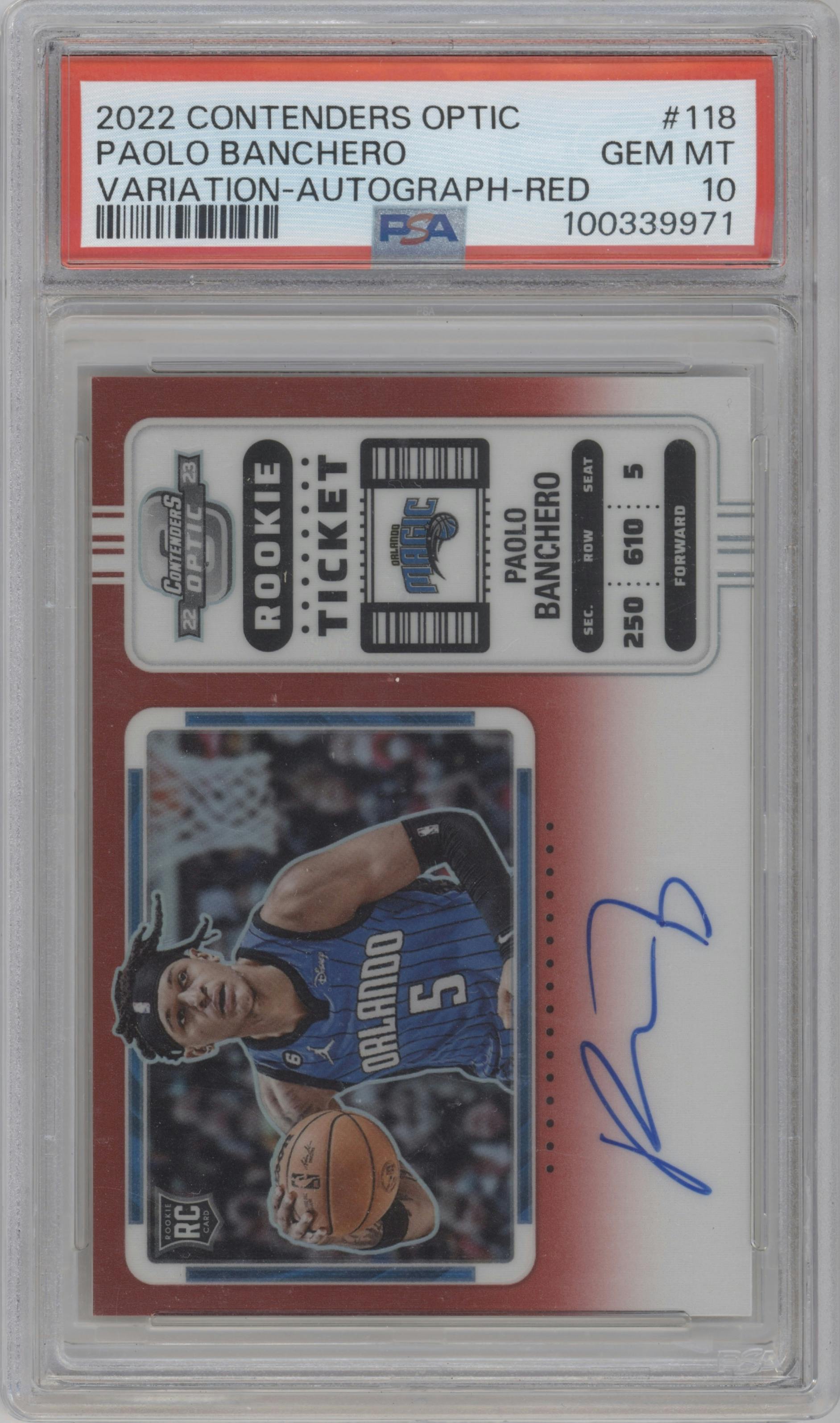 Paolo Banchero from the 2022-23 Panini Contenders Optic set featuring a Red parallel graded by PSA and given an overall grade of 10.