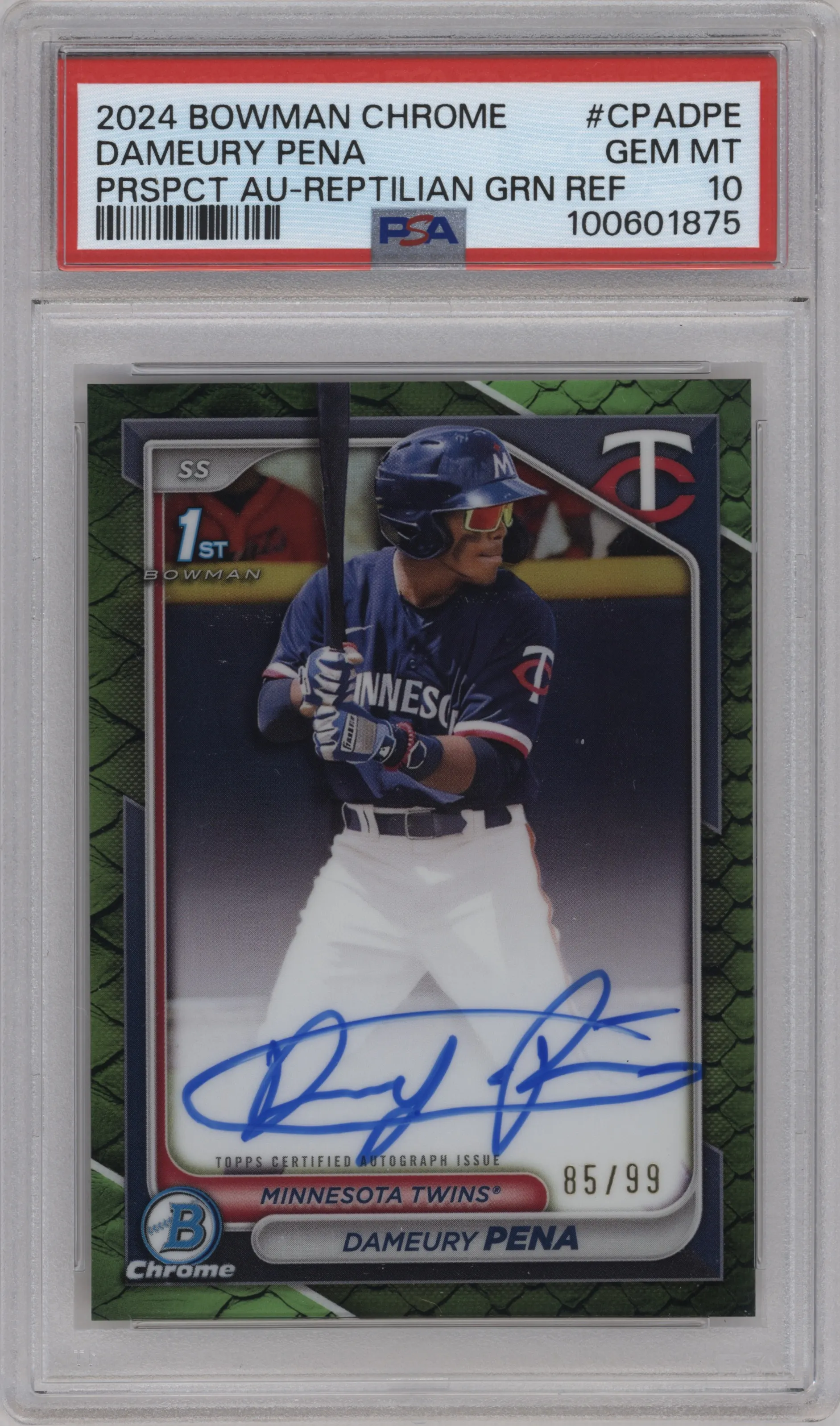 2024 Bowman Chrome Chr.Pros.Auto Dameury Pena Reptilian Green Refractor PSA 10
