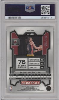 Jaime Jaquez Jr. from the 2023-24 Panini Prizm Monopoly set featuring a Gold Millionaire Shimmer  parallel graded by PSA and given an overall grade of 8.