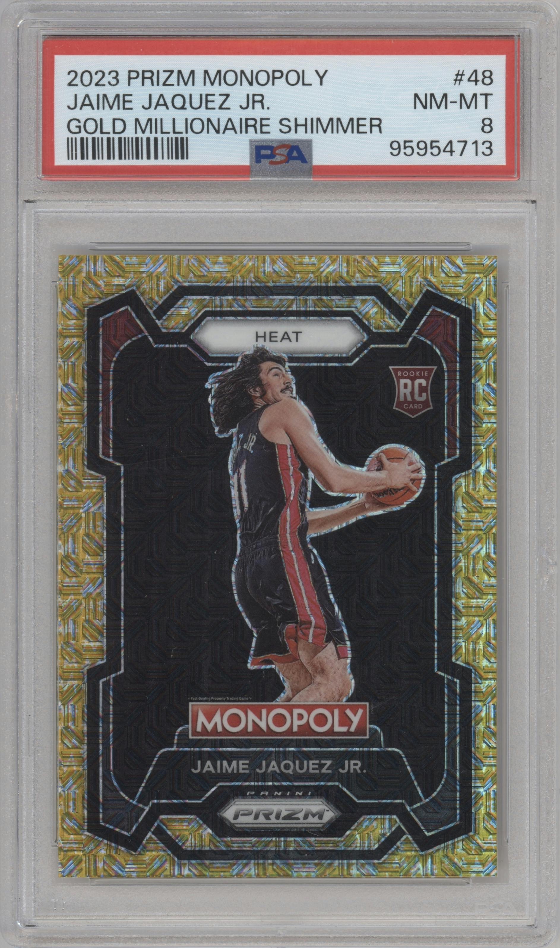 Jaime Jaquez Jr. from the 2023-24 Panini Prizm Monopoly set featuring a Gold Millionaire Shimmer  parallel graded by PSA and given an overall grade of 8.