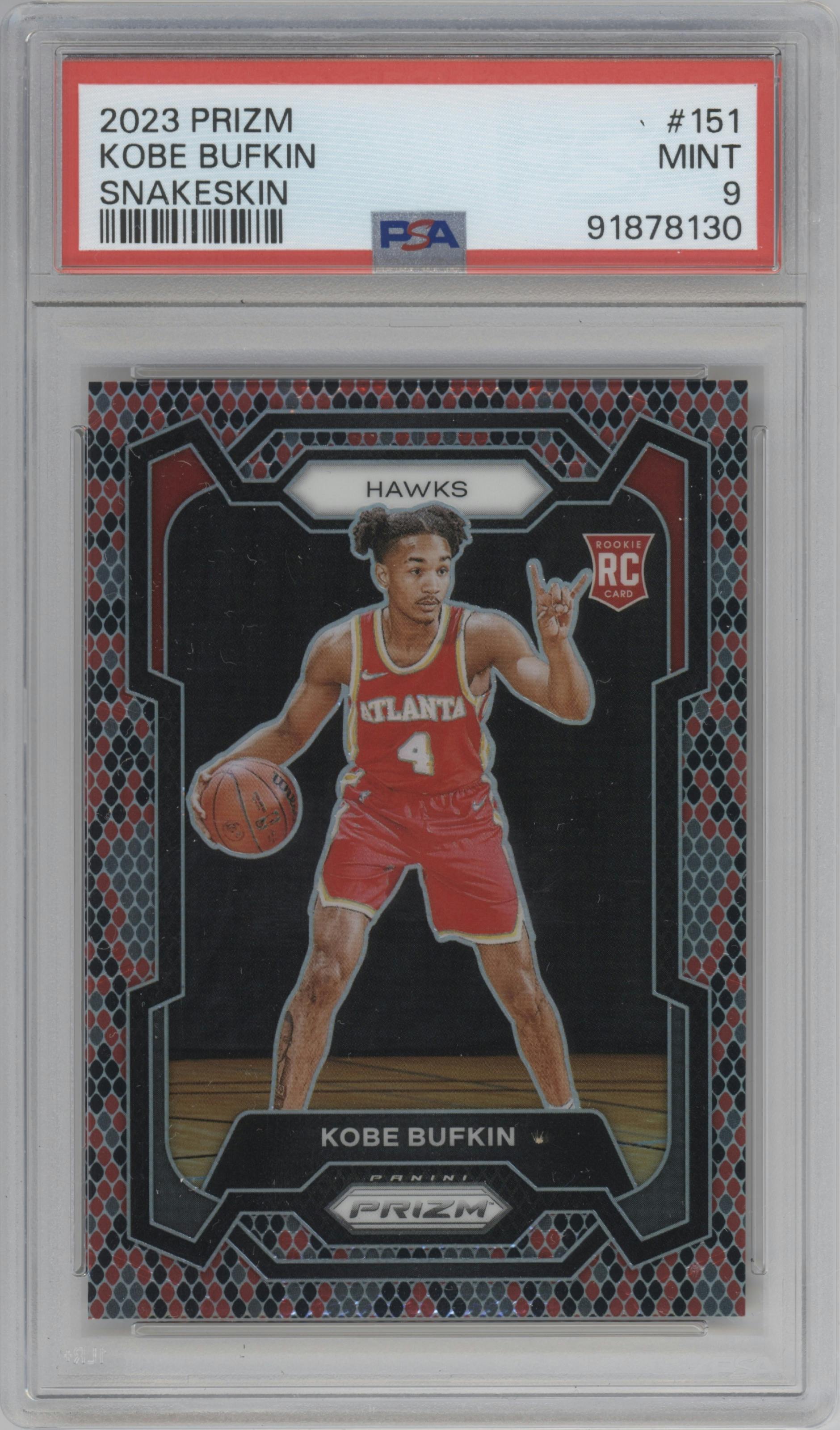 Kobe Bufkin from the 2023-24 Panini Prizm set featuring a Snakeskin parallel graded by PSA and given an overall grade of 9.
