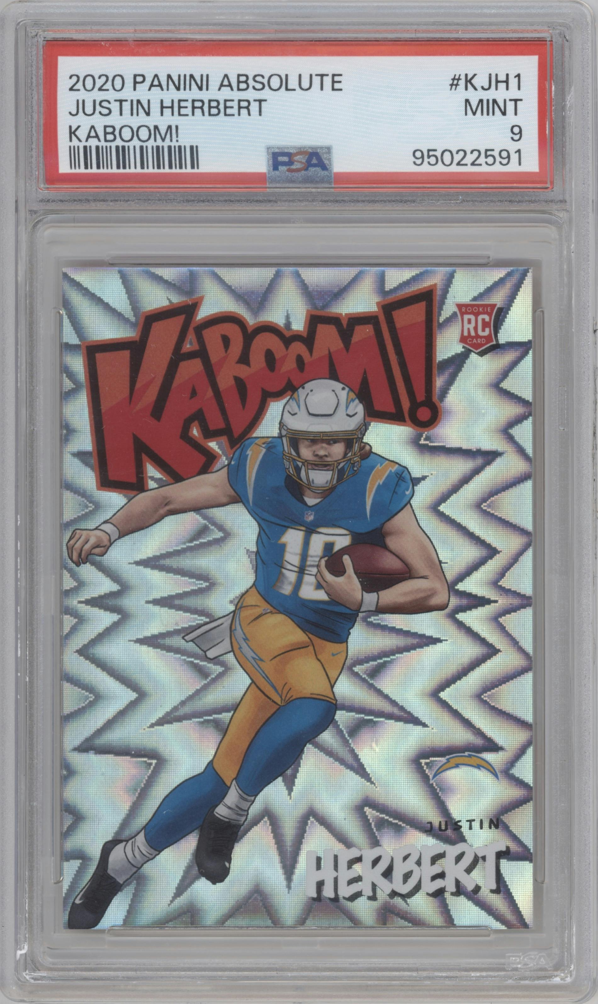 Justin Herbert from the 2020 Panini Absolute set graded by PSA and given an overall grade of 9.