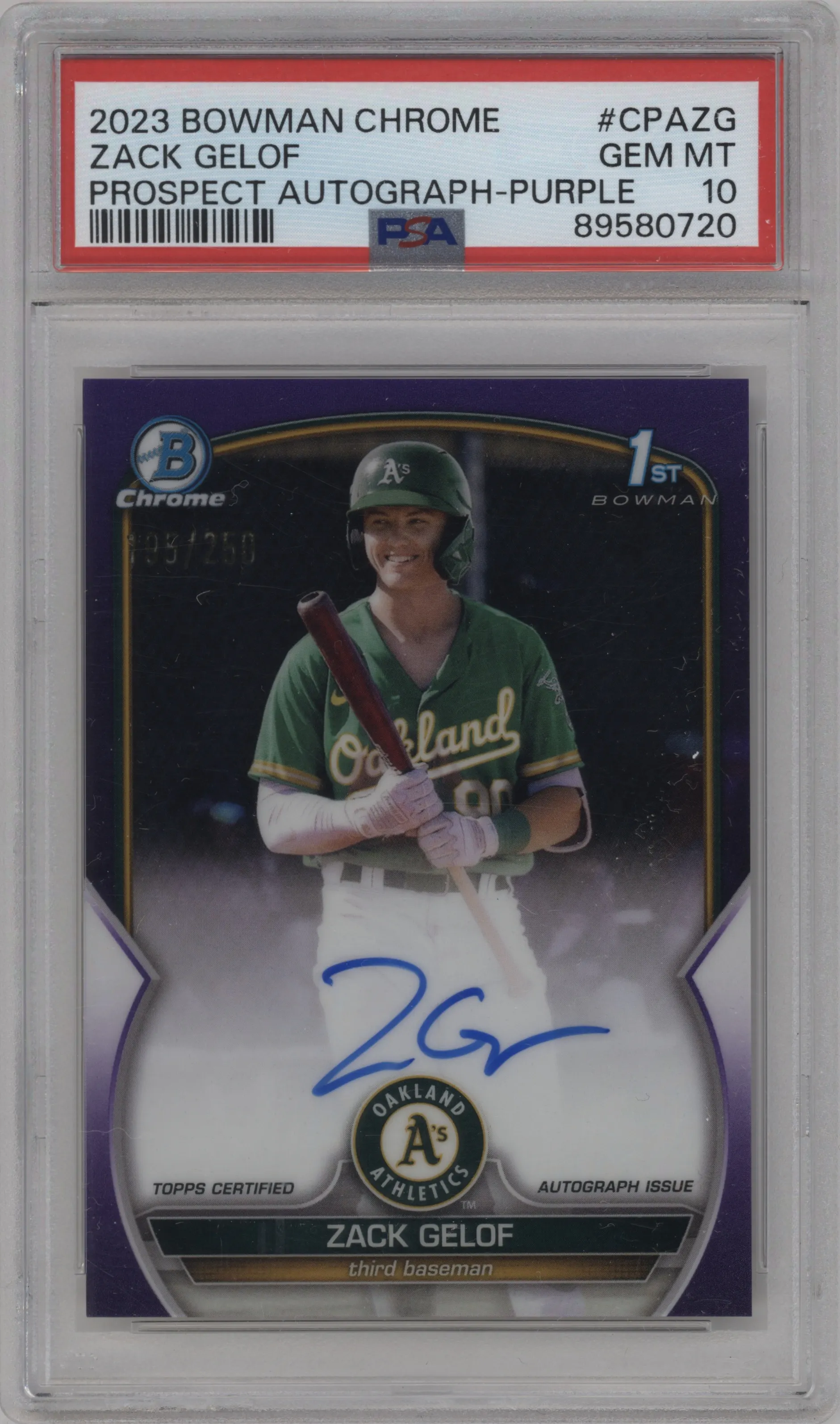 2023 Bowman Chrome Chr.Pros.Auto Zack Gelof Purple Refractor #CPA-ZG PSA 10
