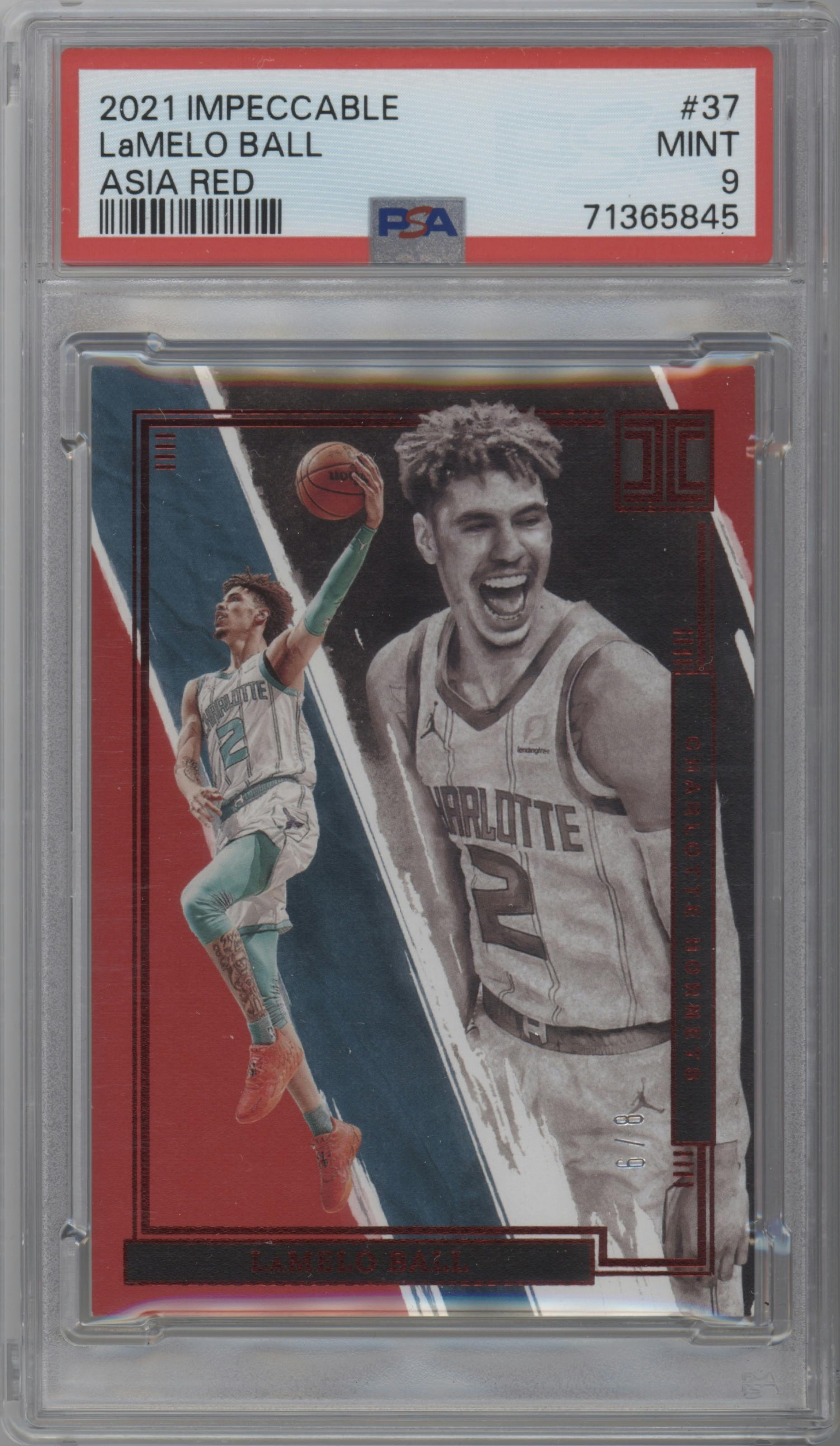 LaMelo Ball from the 2021-22 Panini Impeccable  set featuring a Asia Red parallel graded by PSA and given an overall grade of 9.