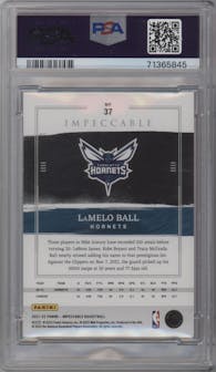 LaMelo Ball from the 2021-22 Panini Impeccable  set featuring a Asia Red parallel graded by PSA and given an overall grade of 9.