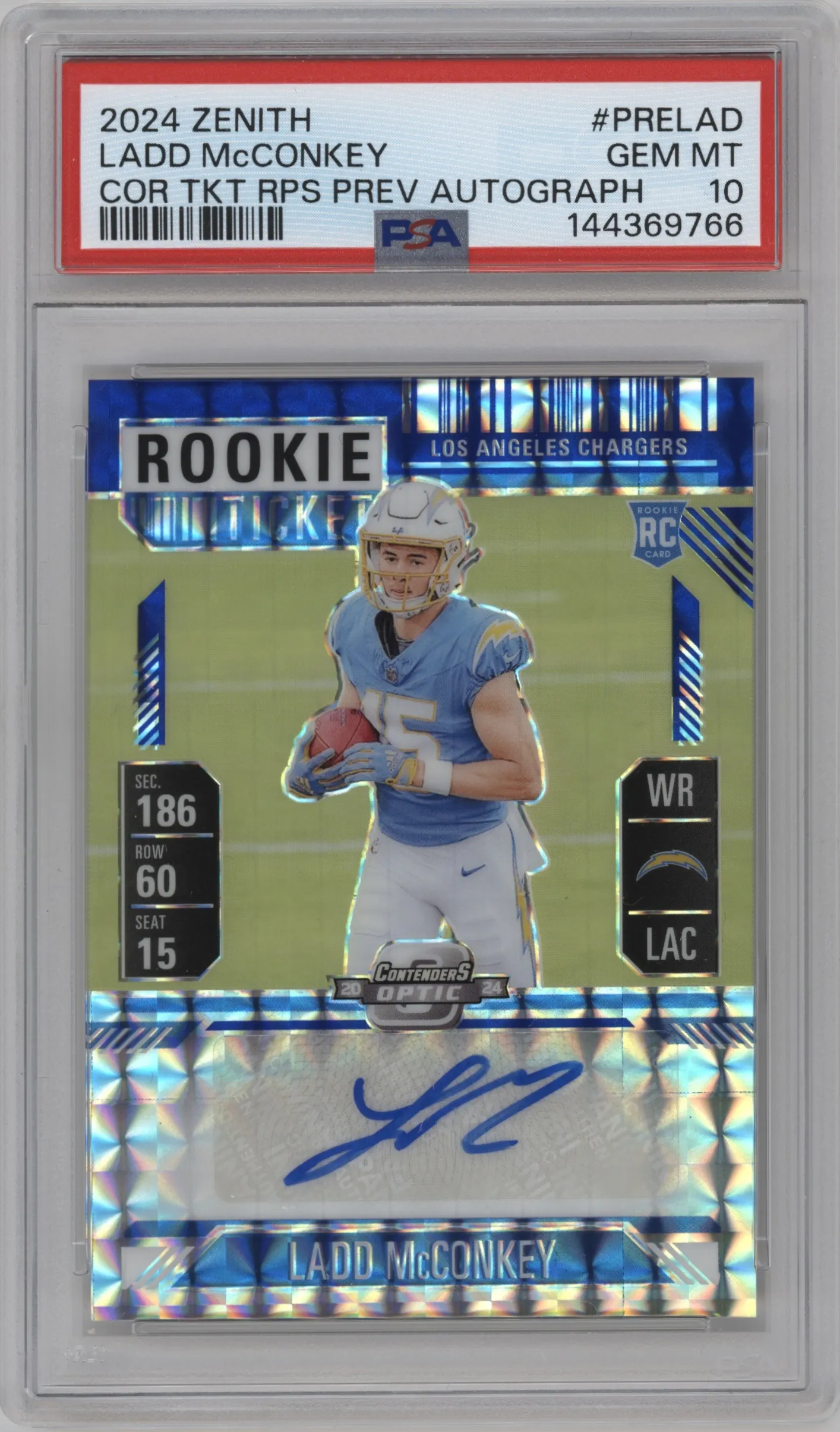2024 Panini Zenith Cont.Opt.Rke.Tkt.RPS.Prev. Ladd McConkey Blue #PRE-LAD PSA 10