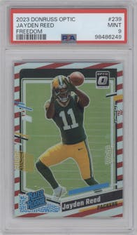 Jayden Reed from the 2023 Donruss Optic set featuring a Freedom parallel graded by PSA and given an overall grade of 9.