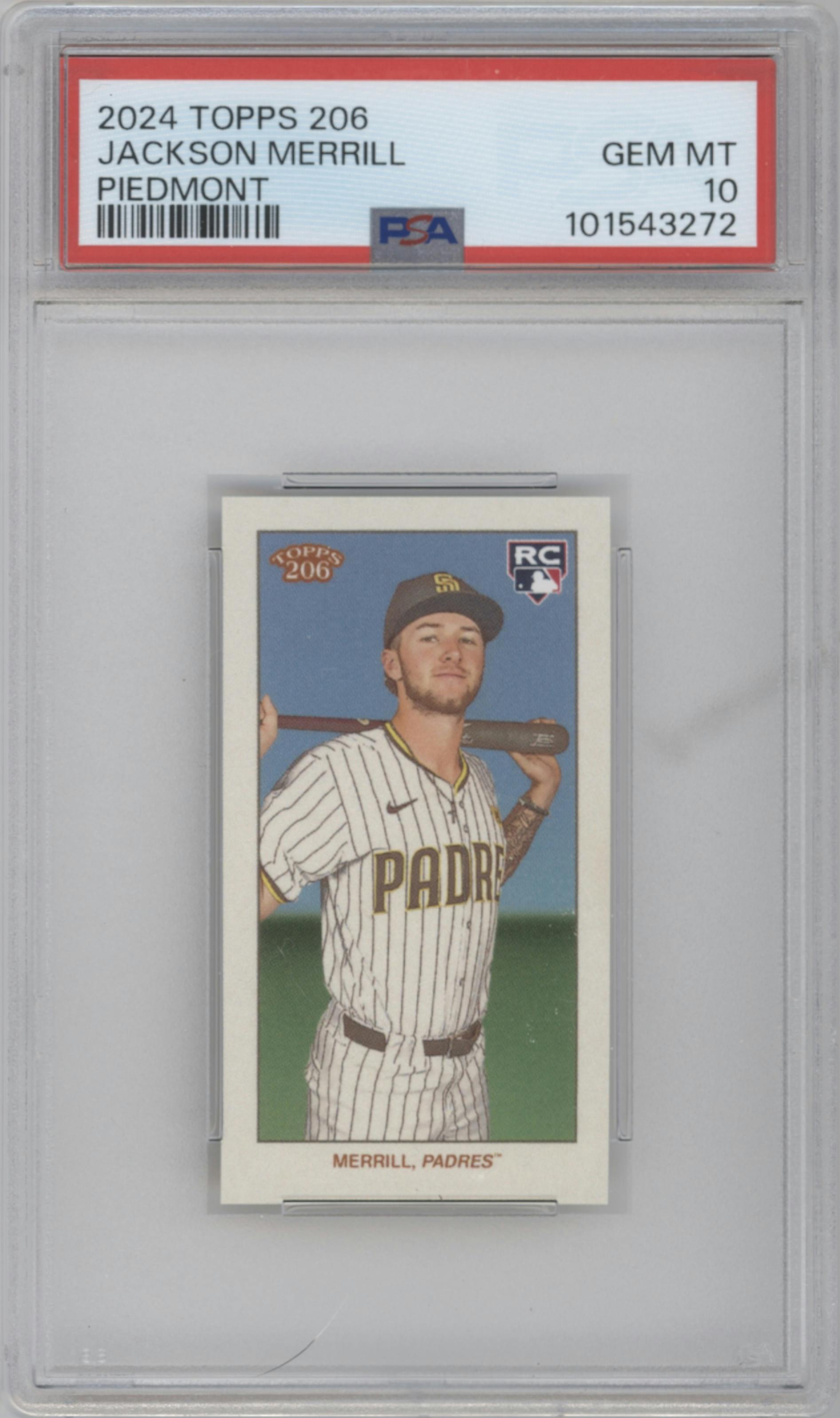 Jackson Merrill from the 2024 Topps 206 set featuring a Piedmont parallel graded by PSA and given an overall grade of 10.