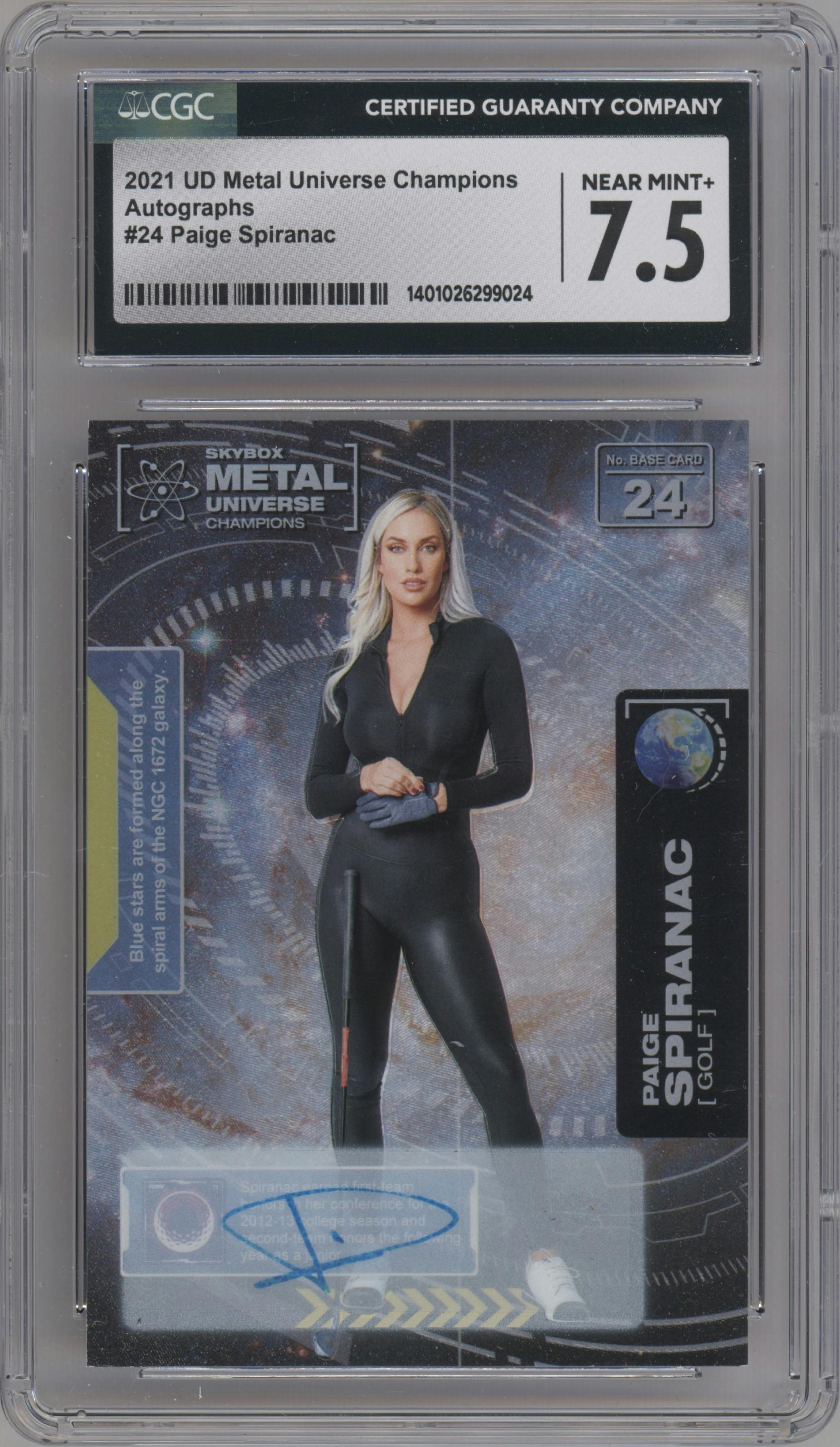 Paige Spiranac from the 2021 Skybox Metal Universe Champions set graded by CSG and given an overall grade of 7.5.