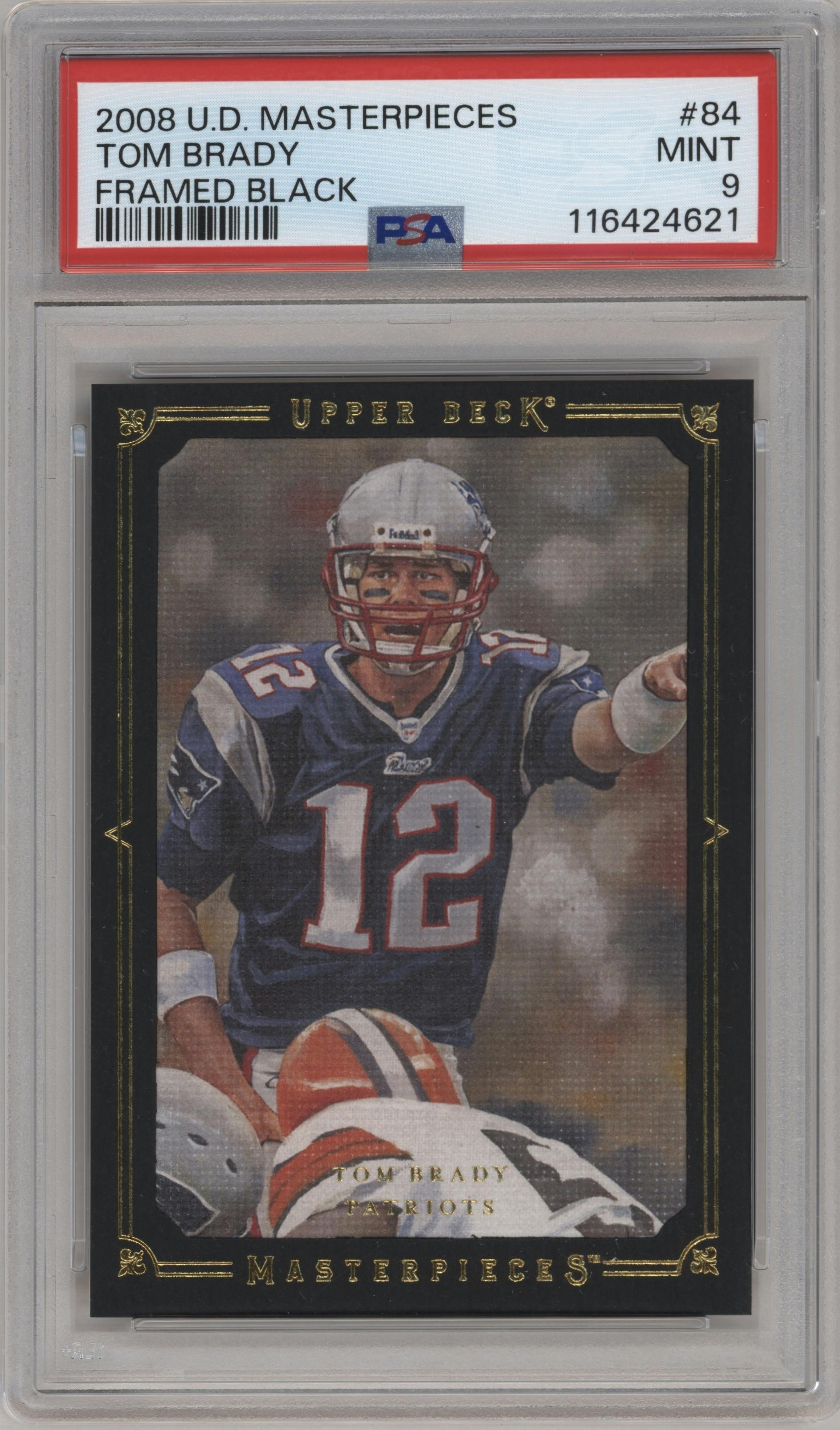 Tom Brady from the 2008 Upper Deck Masterpieces set featuring a Framed Black parallel graded by PSA and given an overall grade of 9.