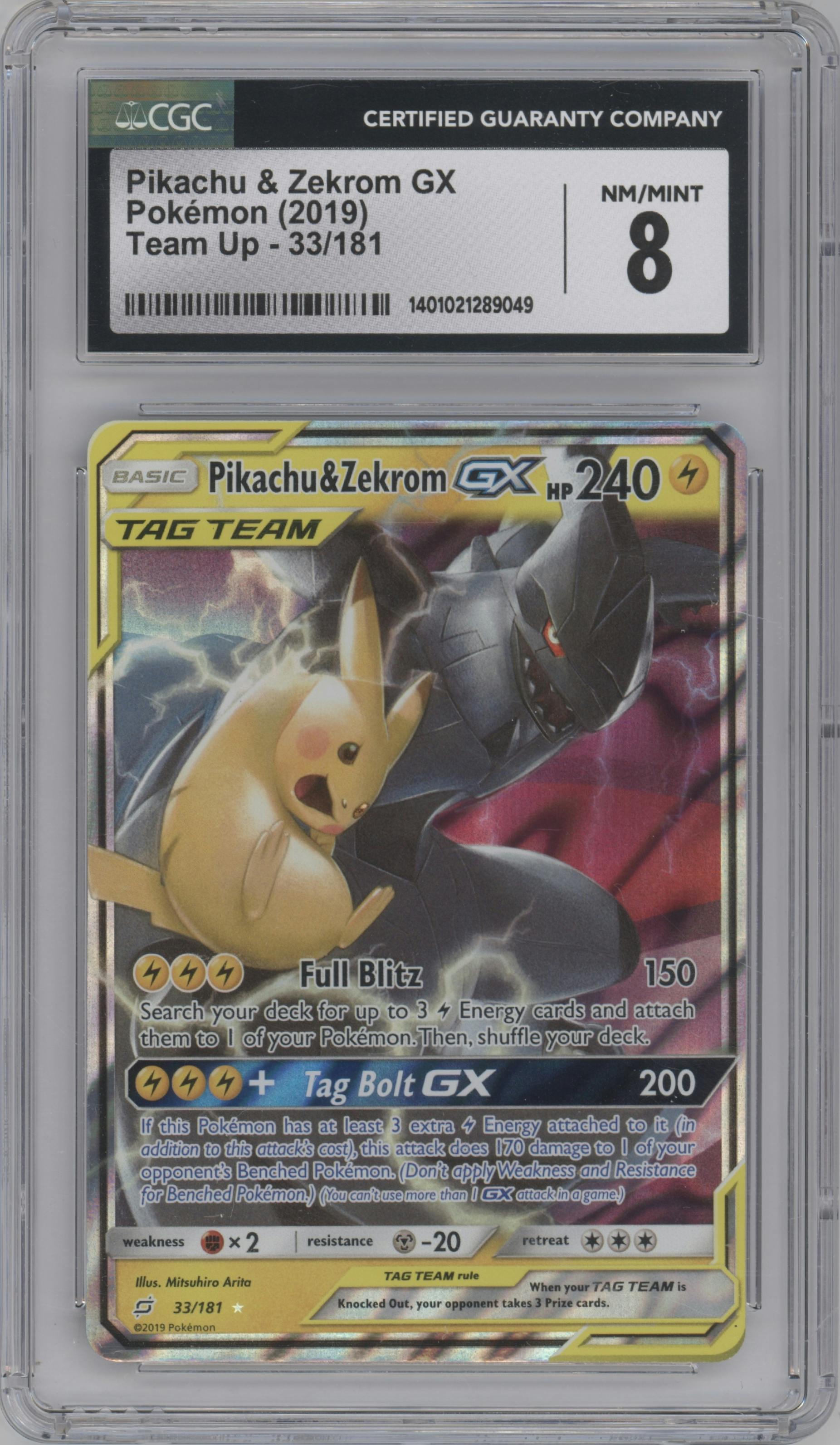 Pikachu/Zekrom GX from the 2019 Pokemon S&M  set graded by CSG and given an overall grade of 8.