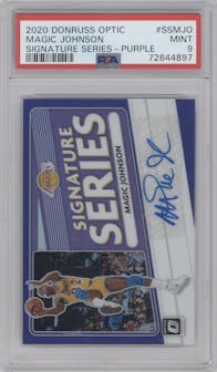 Magic Johnson from the 2020-21 Panini Donruss Optic set featuring a Purple parallel graded by PSA and given an overall grade of 9.