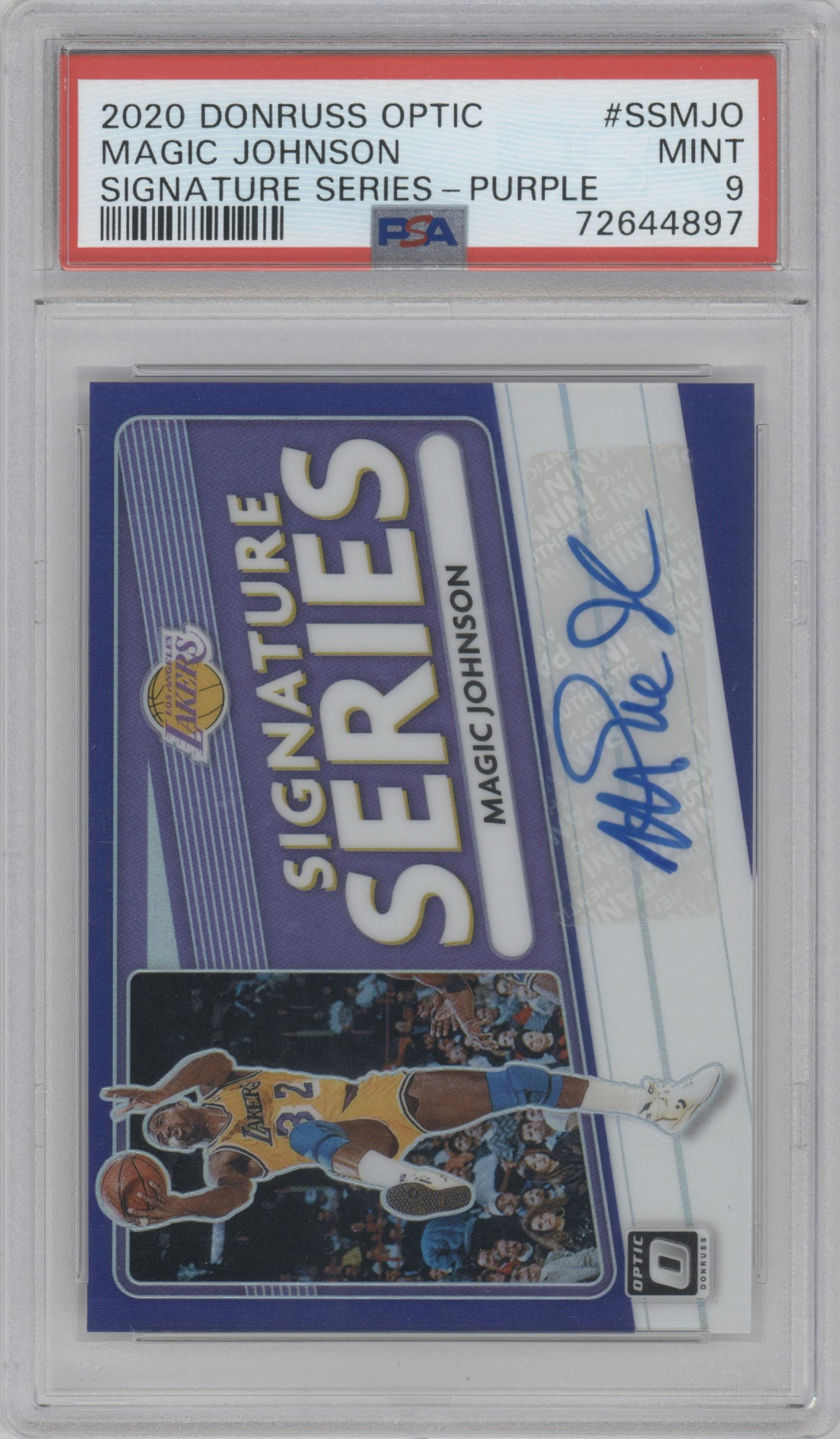 Magic Johnson from the 2020-21 Panini Donruss Optic set featuring a Purple parallel graded by PSA and given an overall grade of 9.
