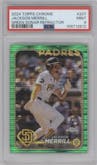 Jackson Merrill from the 2024 Topps Chrome set featuring a Green Sonar Refractor parallel graded by PSA and given an overall grade of 9.