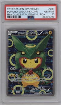 Rayquaza Pikachu from the 2016 Pokemon XY JPN set featuring a Poncho Wearing Pikachu Box parallel graded by PSA and given an overall grade of 10.