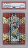 Jordan Love from the 2024 Panini Mosaic set featuring a Choice Red/Yellow Fusion parallel graded by PSA and given an overall grade of 10.