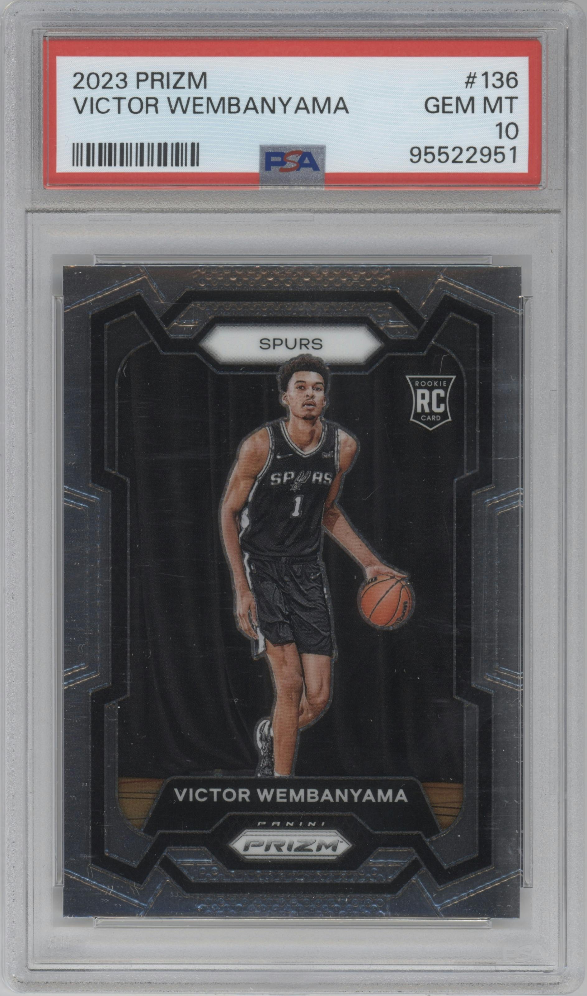 Victor Wembanyama from the 2023-24 Panini Prizm set graded by PSA and given an overall grade of 10.