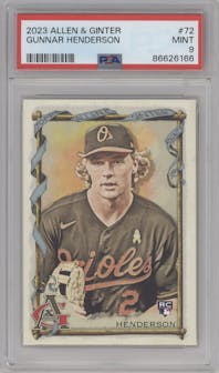 Gunnar Henderson from the 2023 Topps Allen & Ginter set graded by PSA and given an overall grade of 9.