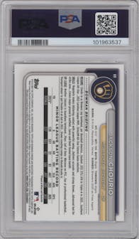 Jackson Chourio  from the 2024 Bowman Chrome set featuring a Fuchsia Refractor parallel graded by PSA and given an overall grade of 9.