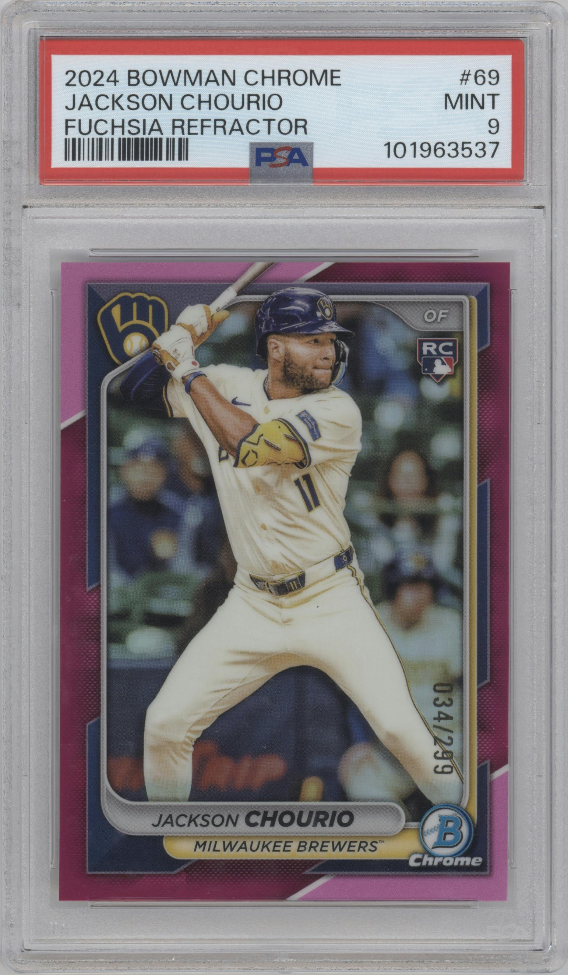Jackson Chourio  from the 2024 Bowman Chrome set featuring a Fuchsia Refractor parallel graded by PSA and given an overall grade of 9.