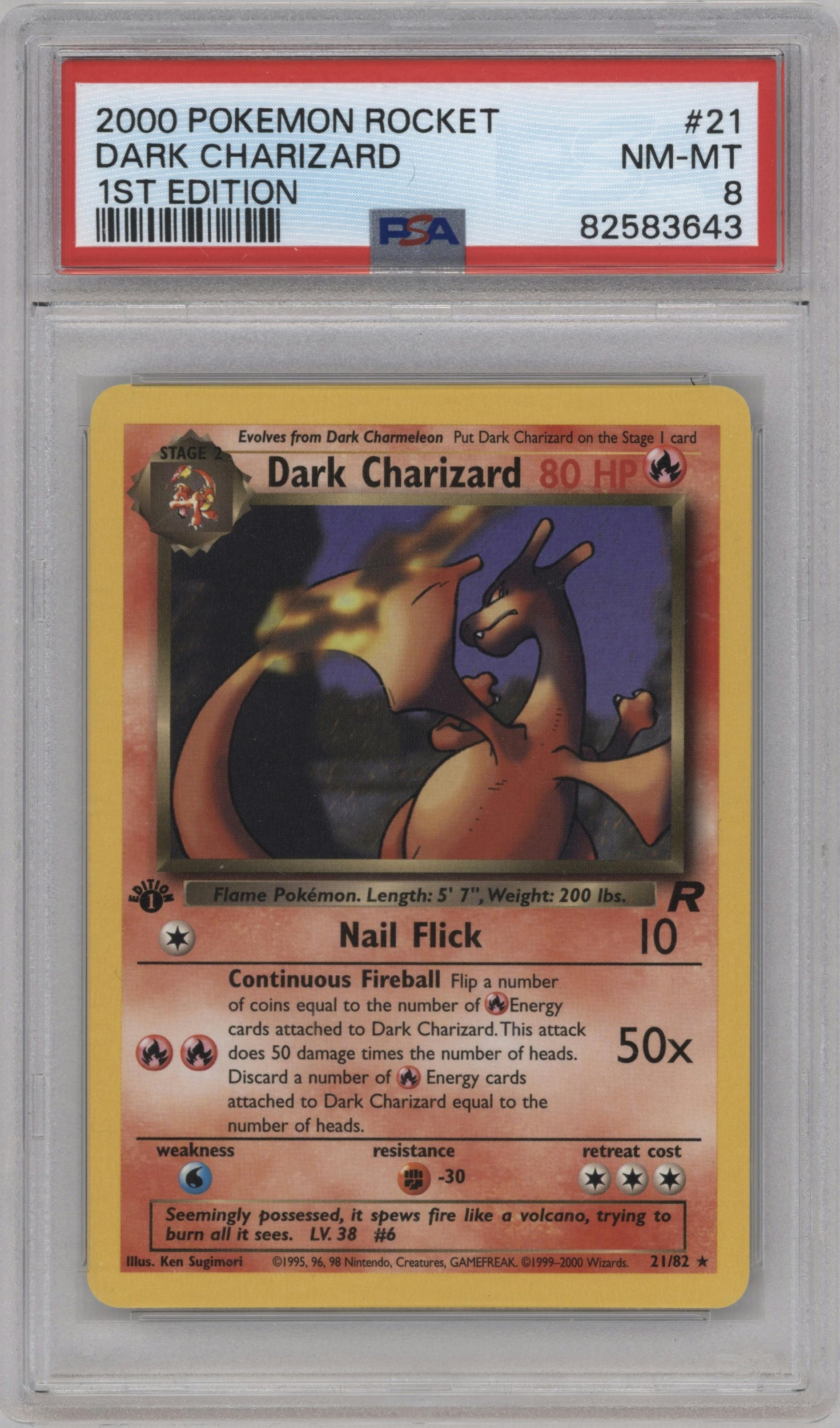 Dark Charizard from the 2000 Pokemon set graded by PSA and given an overall grade of 8.