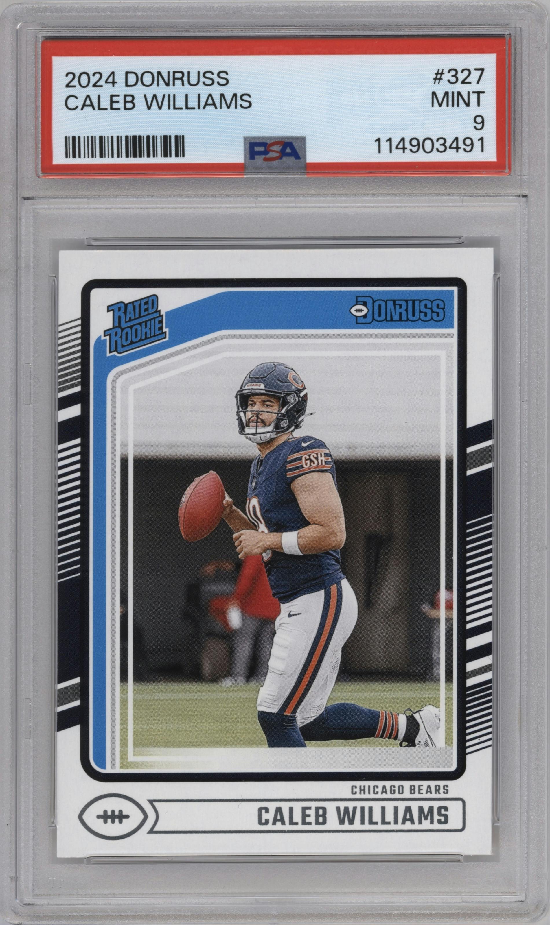 Caleb Williams from the 2024 Donruss set graded by PSA and given an overall grade of 9.