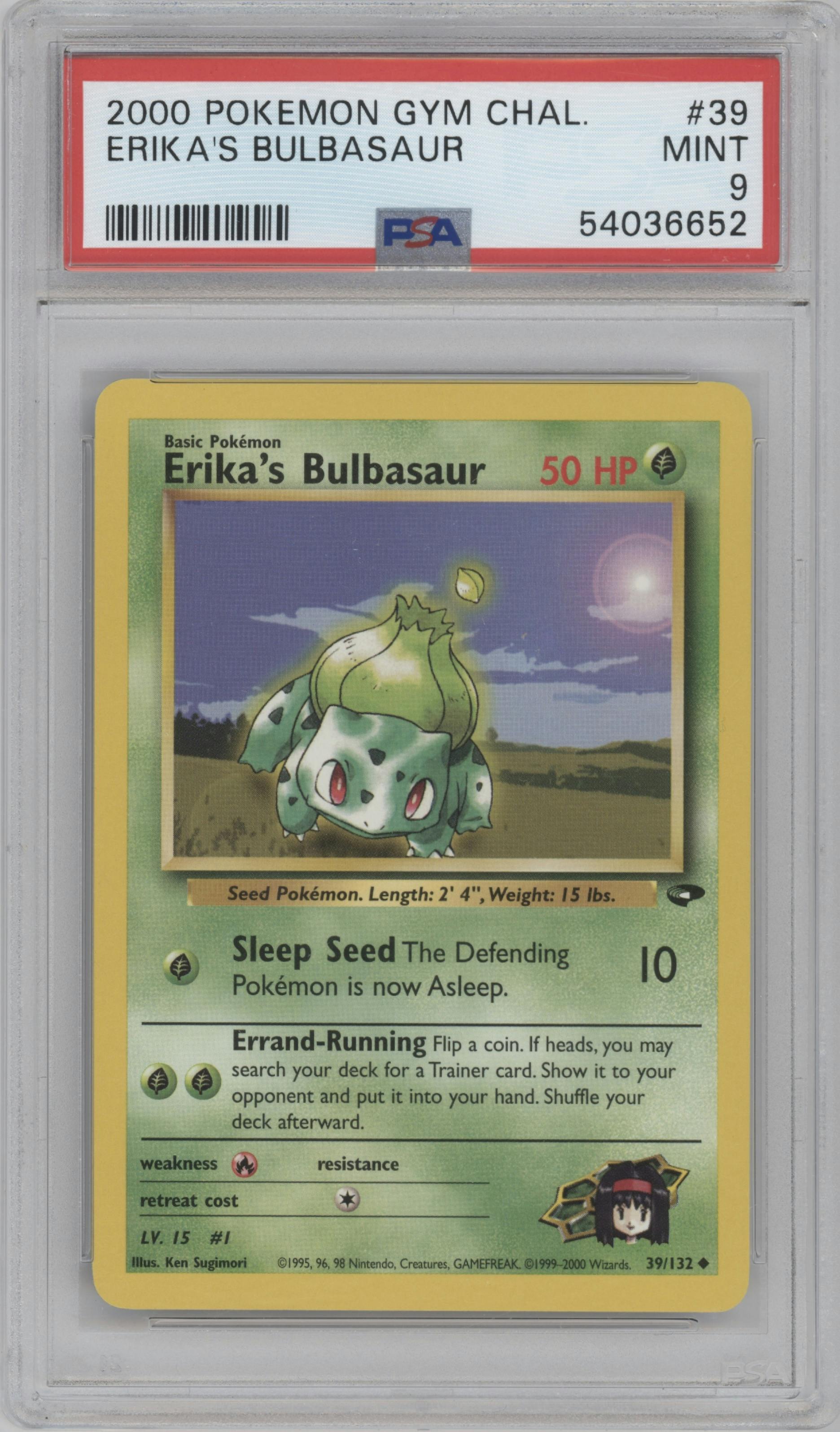Erika's Bulbasaur from the 2000 Pokemon GH set graded by PSA and given an overall grade of 9.