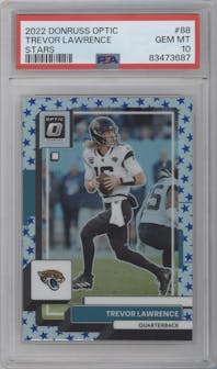 Trevor Lawrence from the 2022 Panini Donruss Optic set featuring a Stars parallel graded by PSA and given an overall grade of 10.