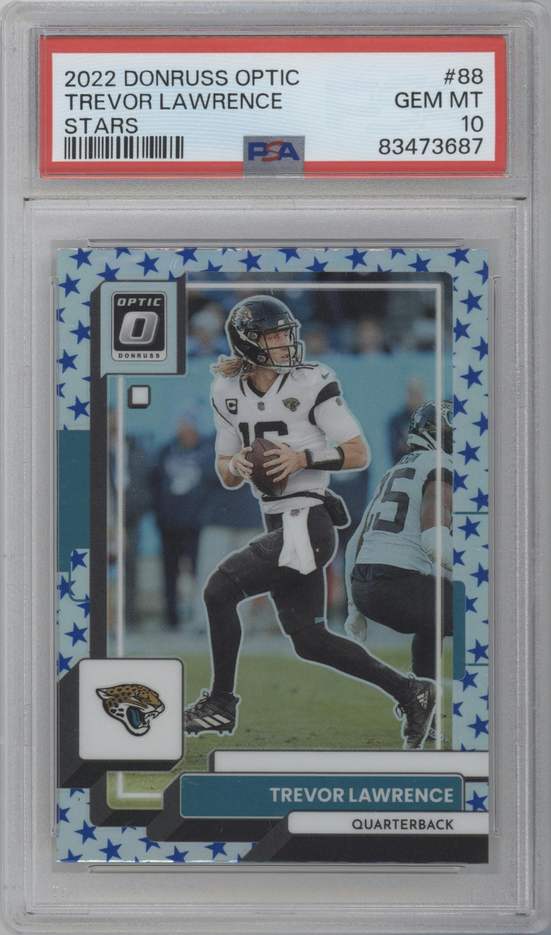 Trevor Lawrence from the 2022 Panini Donruss Optic set featuring a Stars parallel graded by PSA and given an overall grade of 10.