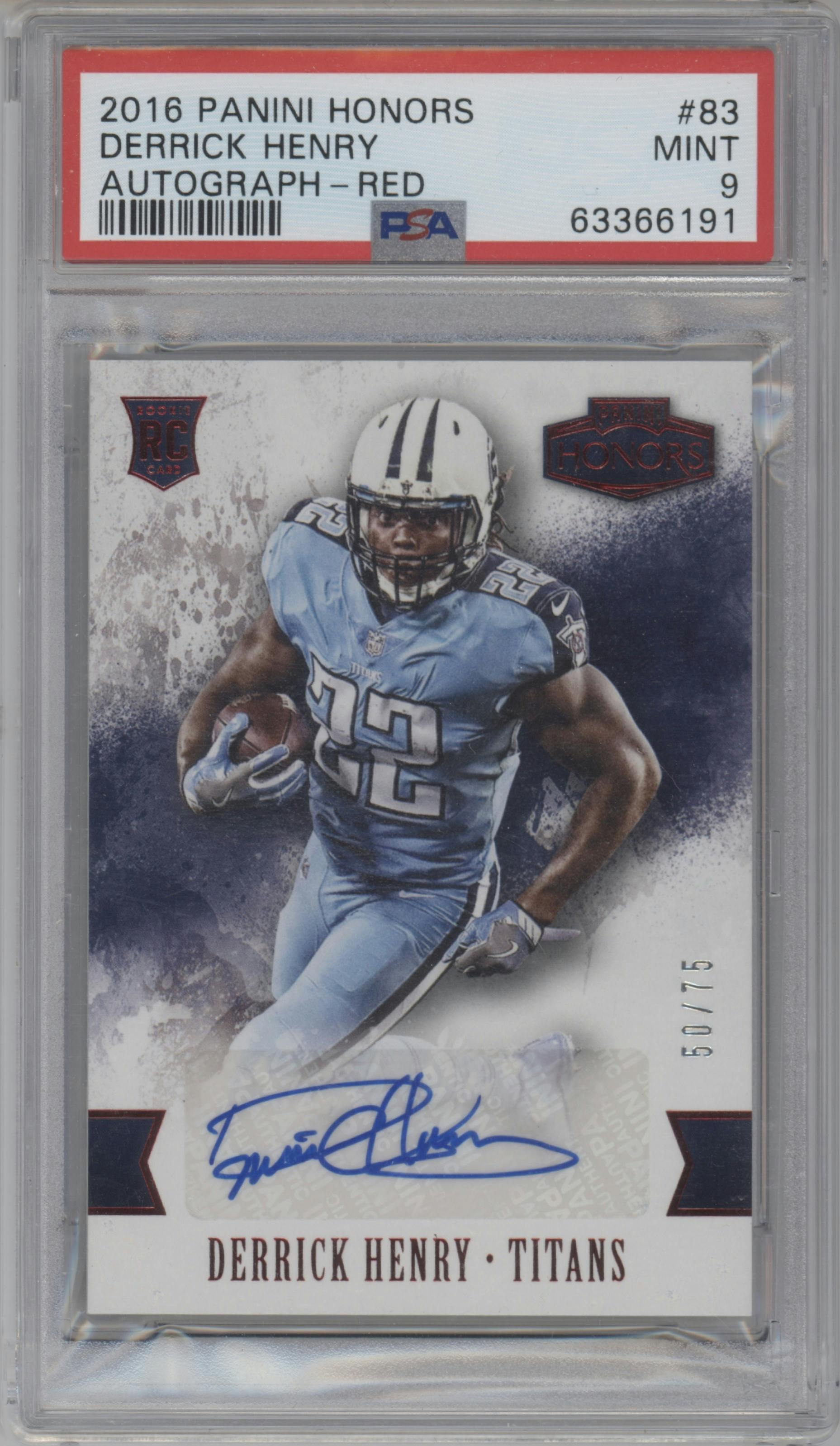 Derrick Henry from the 2016 Panini Honors set featuring a Red parallel graded by PSA and given an overall grade of 9.