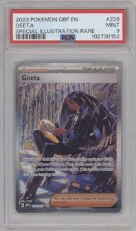 Geeta from the 2023 Pokemon SV set graded by PSA and given an overall grade of 9.