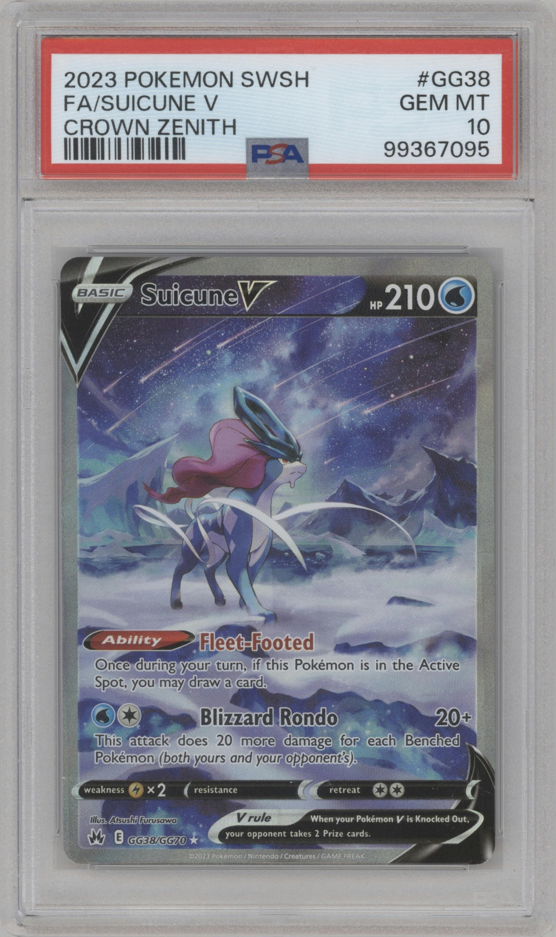 Suicune V from the 2023 Pokemon SWSH set graded by PSA and given an overall grade of 10.