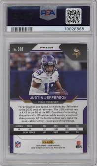 Justin Jefferson from the 2020 Panini Prizm set featuring a Black & White Checker parallel graded by PSA and given an overall grade of 10.