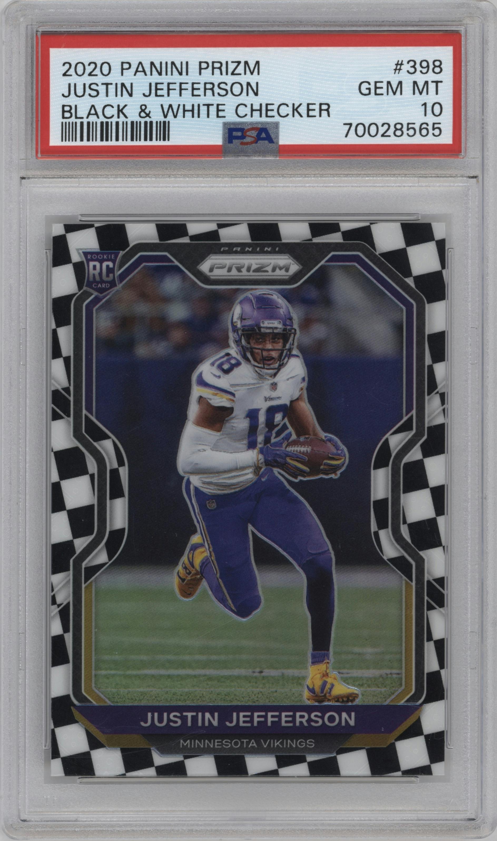 Justin Jefferson from the 2020 Panini Prizm set featuring a Black & White Checker parallel graded by PSA and given an overall grade of 10.