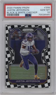 Justin Jefferson from the 2020 Panini Prizm set featuring a Black & White Checker parallel graded by PSA and given an overall grade of 10.
