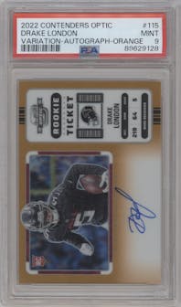 Drake London from the 2022 Panini Contenders Optic set featuring a Orange parallel graded by PSA and given an overall grade of 9.