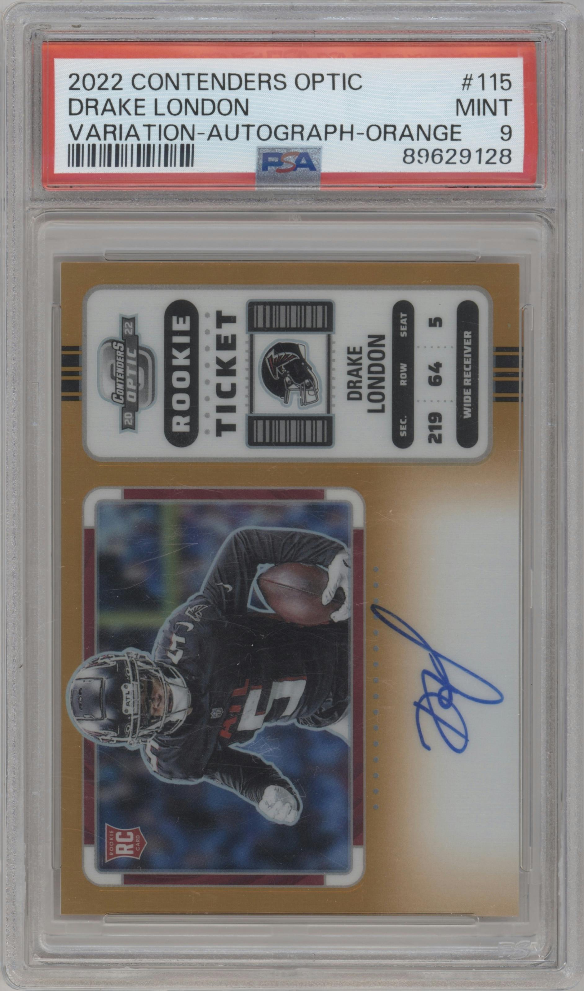Drake London from the 2022 Panini Contenders Optic set featuring a Orange parallel graded by PSA and given an overall grade of 9.