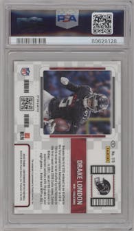 Drake London from the 2022 Panini Contenders Optic set featuring a Orange parallel graded by PSA and given an overall grade of 9.